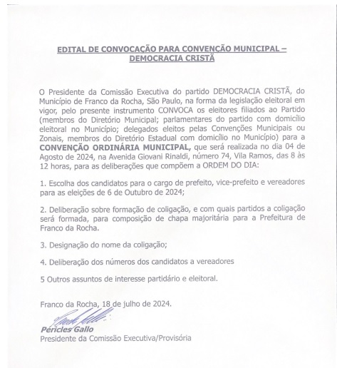 EDITAL DE CONVOCAÇÃO PARA CONVENÇÃO MUNICIPAL PARTIDÁRIA DE FRANCO DA ROCHA