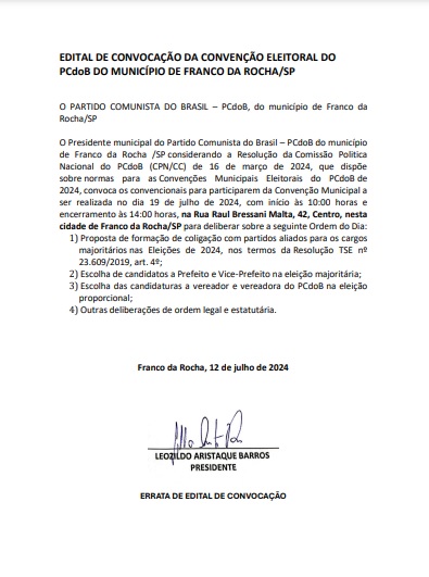 ERRATA: EDITAL DE CONVOCAÇÃO PARA CONVENÇÃO MUNICIPAL PARTIDÁRIA DE FRANCO DA ROCHA
